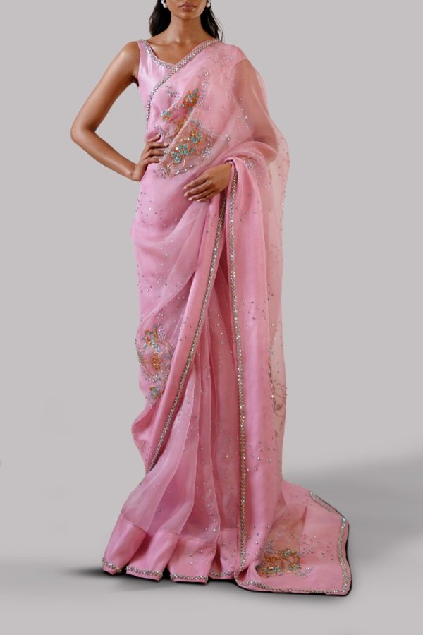 Begonia Pink Embellished Organza Sari