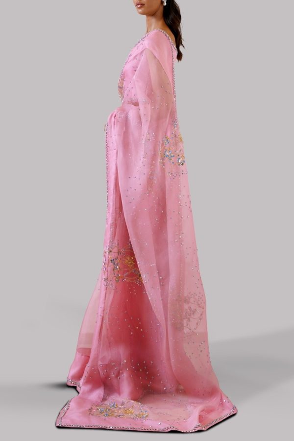 Begonia Pink Embellished Organza Sari - Image 2