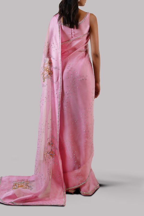 Begonia Pink Embellished Organza Sari - Image 3