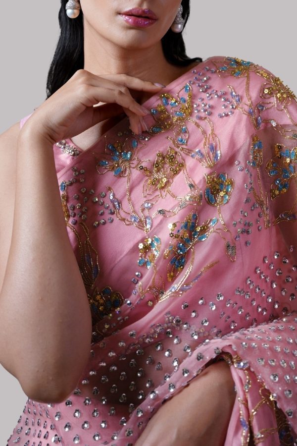 Plumeria Embellished Organza Sari - Image 4