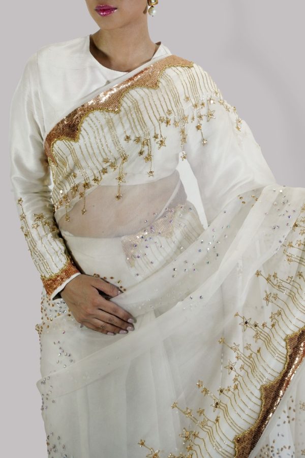 Egret Embellished Organza Sari - Image 3