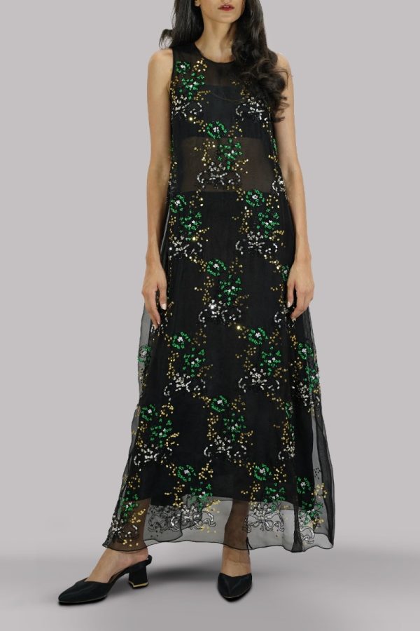 Black Embellished Organza Maxi