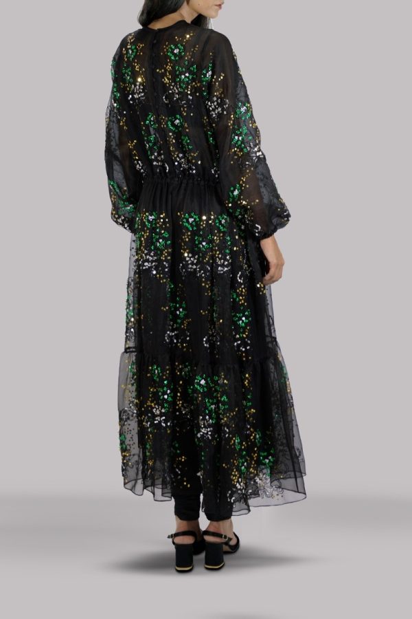 Black Embellished Organza Dress with Churidaar - Image 3