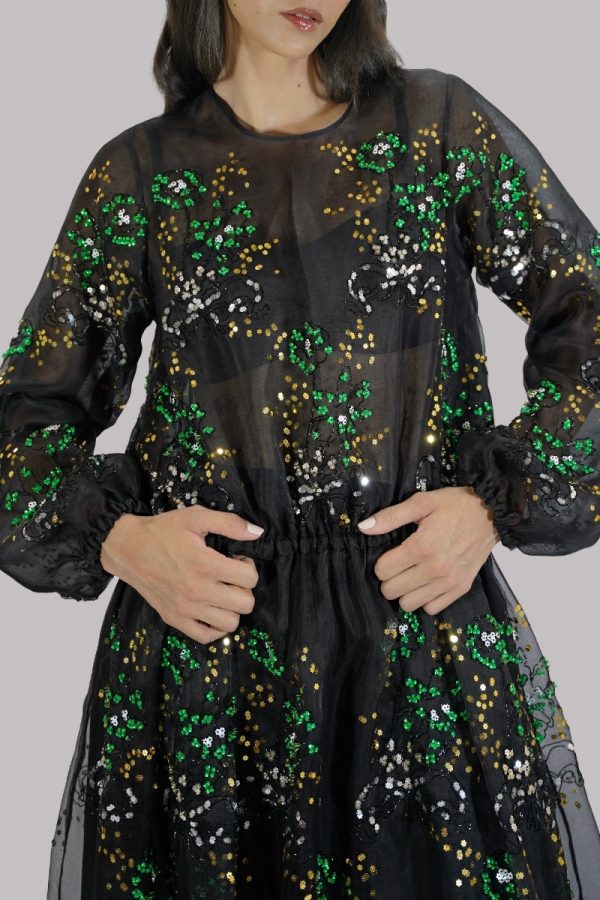 Black Embellished Organza Dress with Churidaar - Image 4