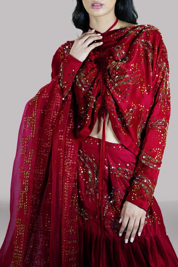 Tango Red Embellished Raw Silk Skirt Set - Image 3