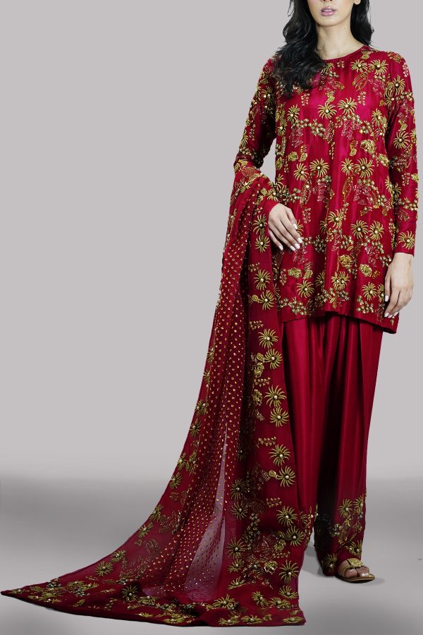 Tango Red Embellished Raw Silk Set