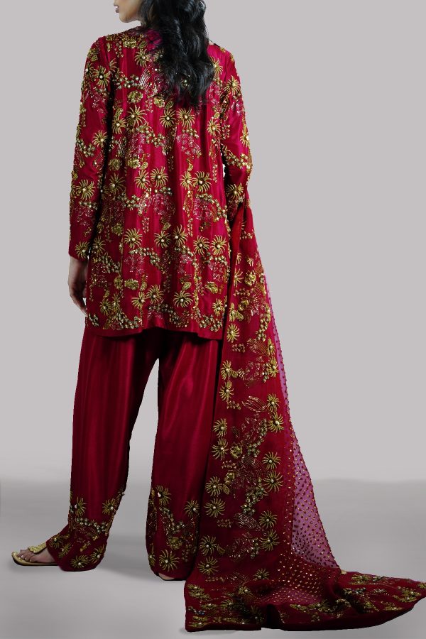 Tango Red Embellished Raw Silk Set - Image 2