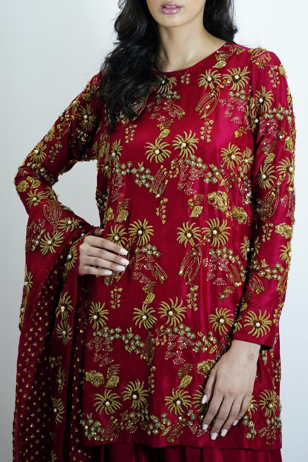 Tango Red Embellished Raw Silk Set - Image 3