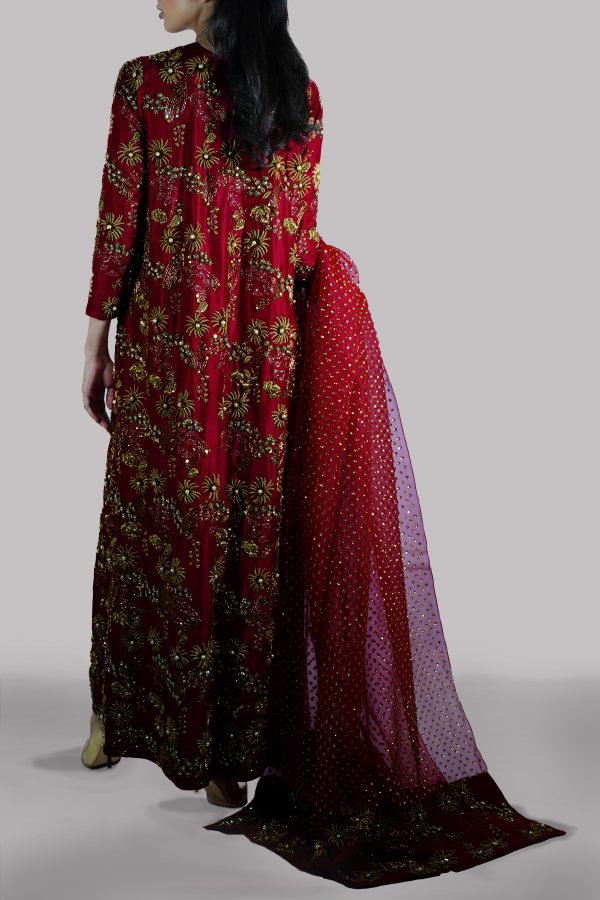 Tango Red Embellished Raw Silk Maxi Set - Image 2