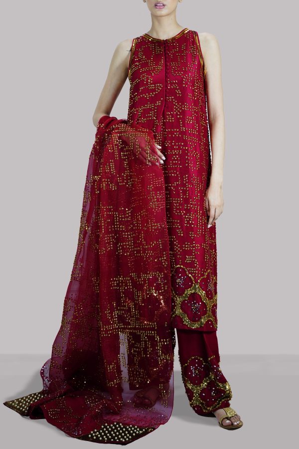 Tango Red Embellished Raw Silk Set