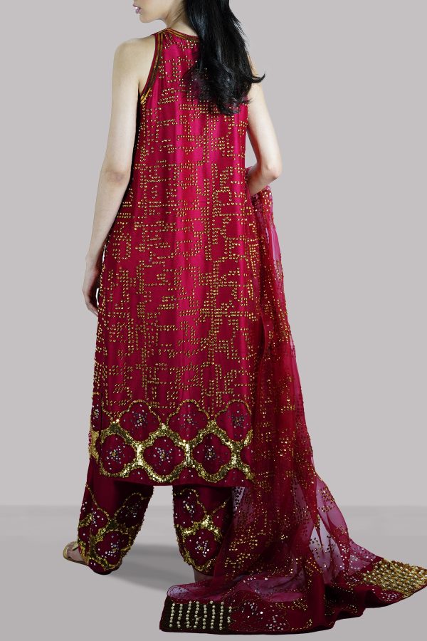 Tango Red Embellished Raw Silk Set - Image 2