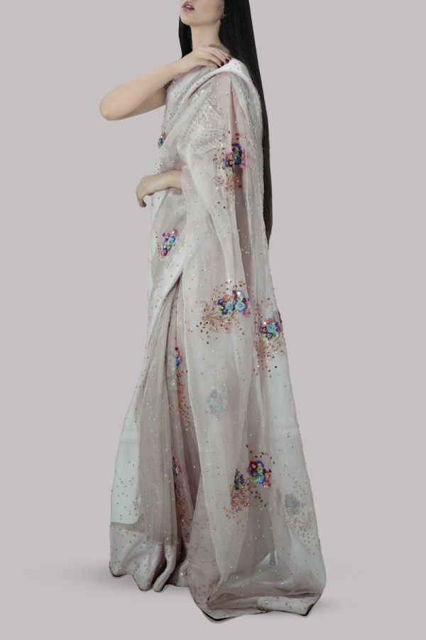 Rose Smoke Embellished Organza Sari - Image 2