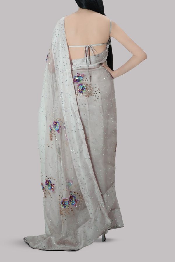 Rose Smoke Embellished Organza Sari - Image 3