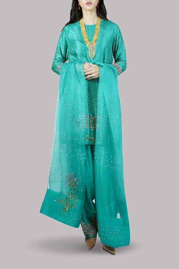 Spectra Green Raw Silk Embellished Set