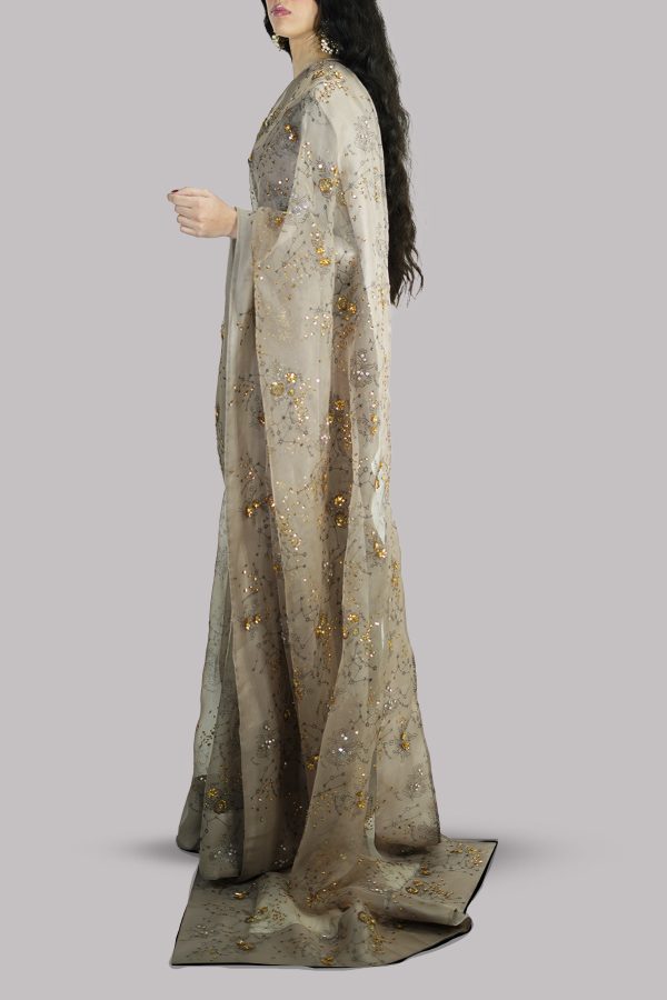 Simply Taupe Block-Printed Embellished Sari - Image 2