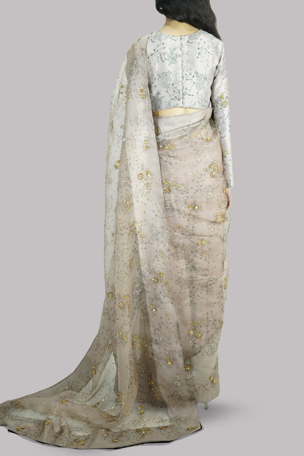 Simply Taupe Block-Printed Embellished Sari - Image 3