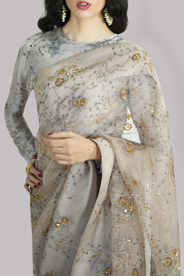 Simply Taupe Block-Printed Embellished Sari - Image 4