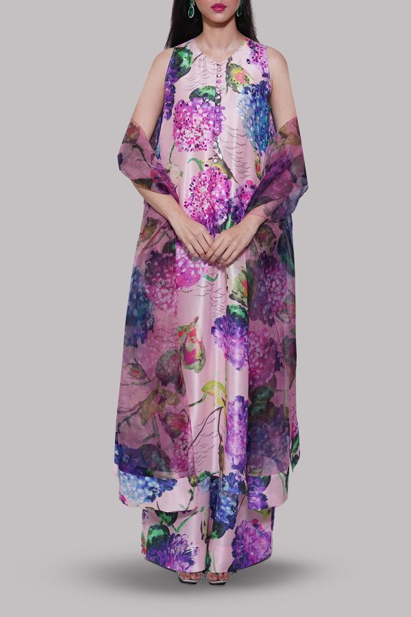 Powder Pink Printed Raw Silk Set