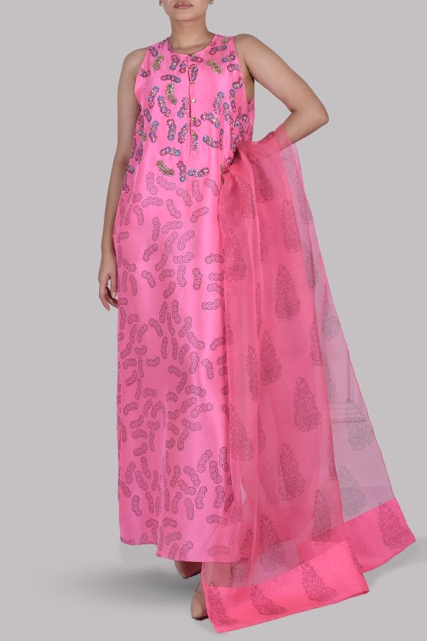 Azalea Pink Block Printed Embellished Maxi Set