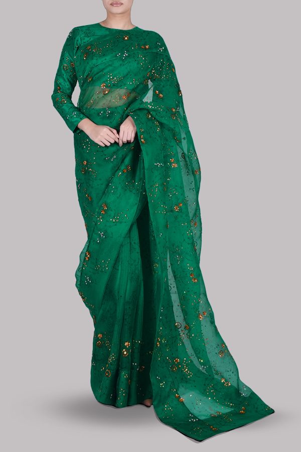 Golf Green Block Printed and Embellished Sari