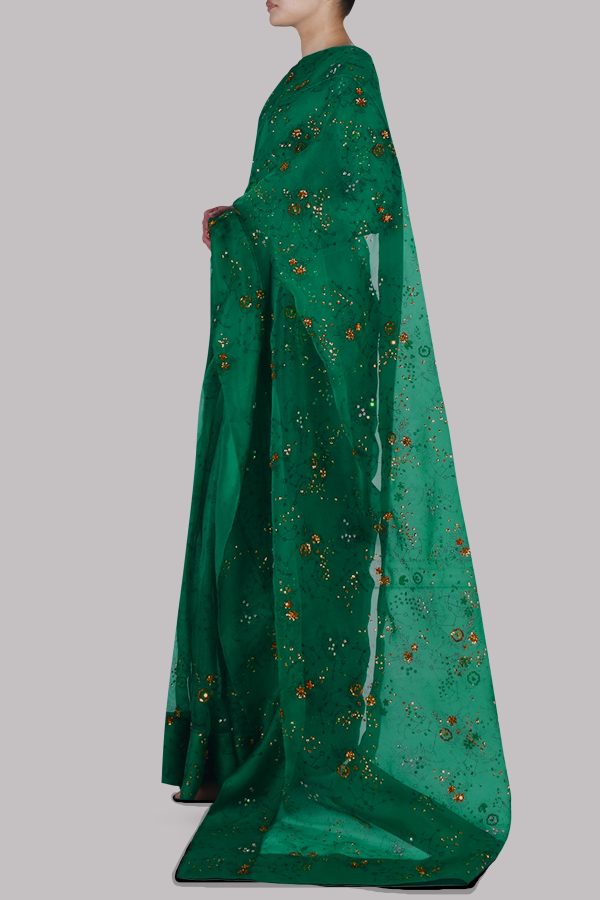 Golf Green Block Printed and Embellished Sari - Image 2