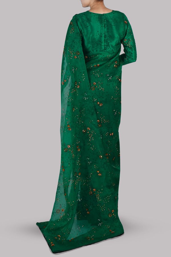 Golf Green Block Printed and Embellished Sari - Image 3