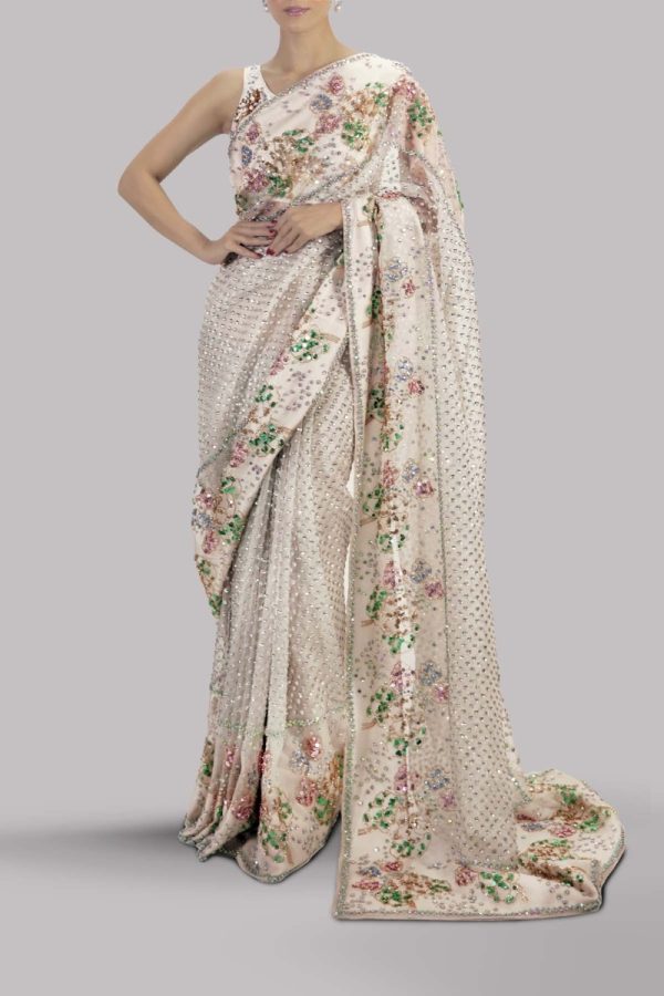 Egret Embellished Organza Sari