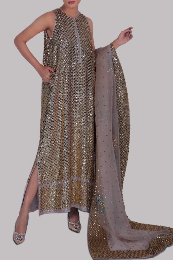 Silver Grey Embellished Raw Silk Maxi Set - Image 3