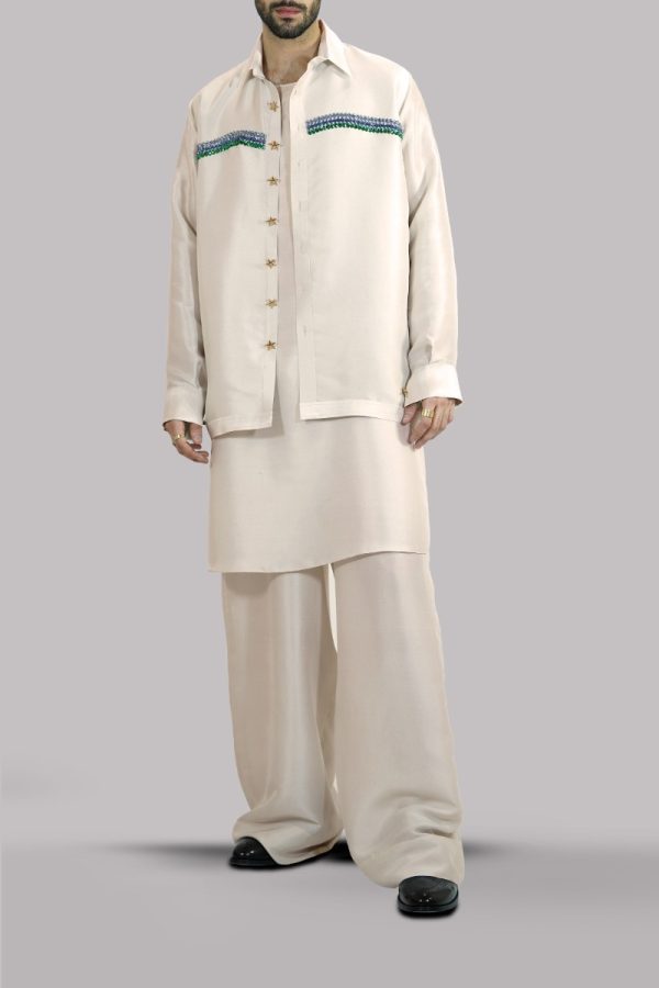 Egret Embellished Raw Silk Jacket Set