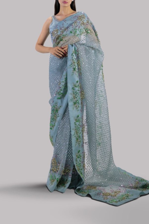 Porcelain Blue Embellished Organza Sari