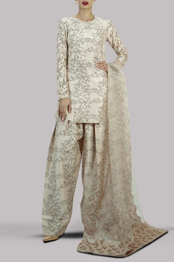 Lamb's Wool Block Printed & Embellished Raw Silk Set