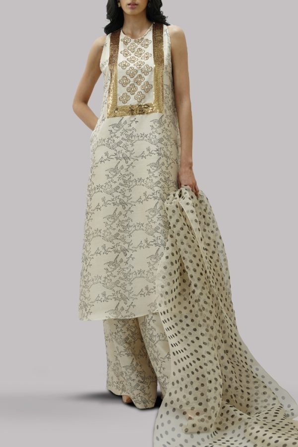 Lamb's Wool Block Printed & Embellished Raw Silk Set