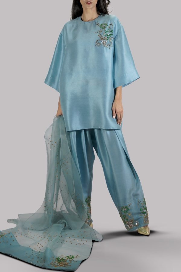 Canal Blue Embellished Raw Silk Set