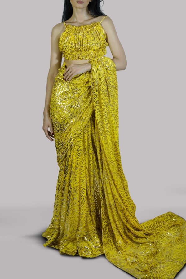 Yellow Silk Devore Lurex Metallic Sari