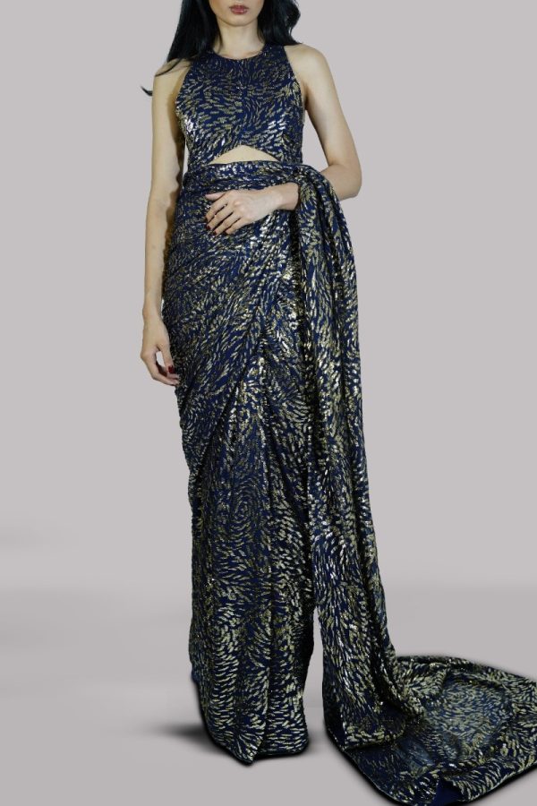 Blue Silk Devore Lurex Metallic Sari