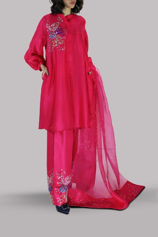 Virtual Pink Embellished Raw Silk Set - Image 2