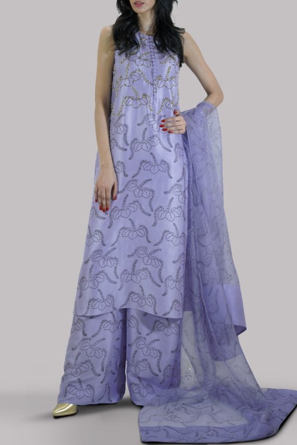 Forever Blue Block Printed & Embellished Raw Silk Set