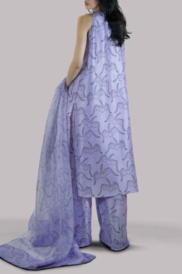 Forever Blue Block Printed & Embellished Raw Silk Set - Image 3