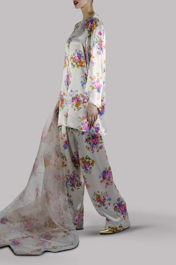 White Swan Digital Floral Printed Satin Silk Set - Image 2