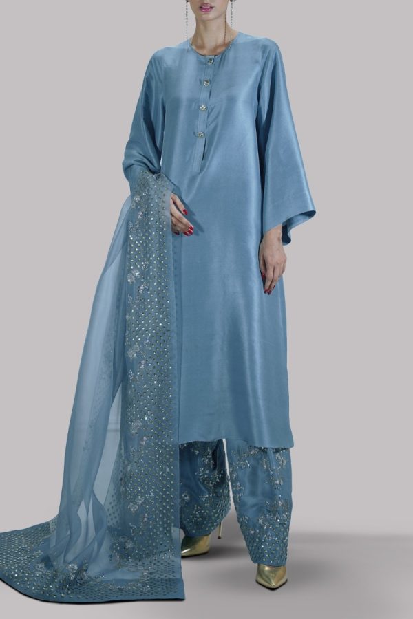 Stone Blue Embellished Raw Silk Set - Image 2