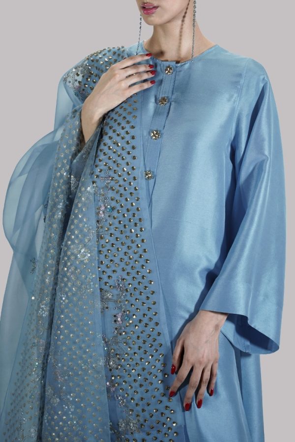 Stone Blue Embellished Raw Silk Set