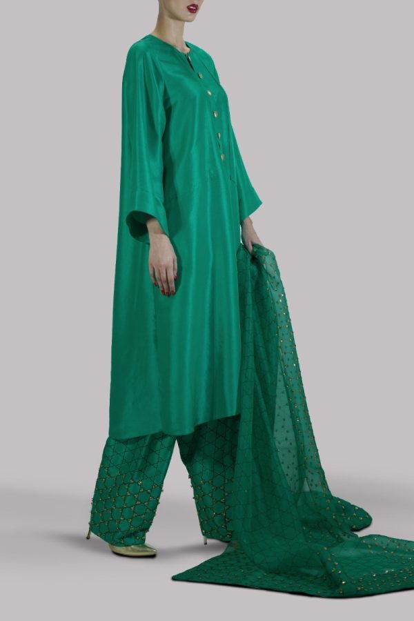 Arcadia Green Embellished & Block Printed Raw Silk Set - Image 2