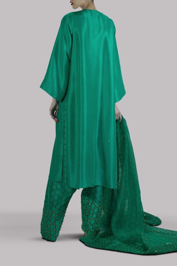 Arcadia Green Embellished & Block Printed Raw Silk Set - Image 3