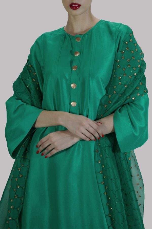 Arcadia Green Embellished & Block Printed Raw Silk Set - Image 4