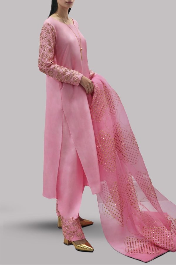 Candy Pink Embellished Raw Silk Set