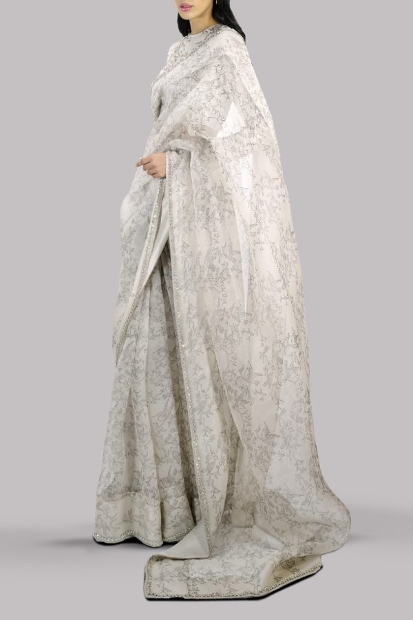 White Swan Block Printed and Embellished Organza Sari