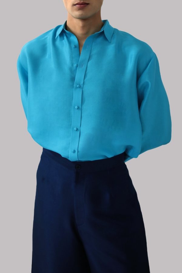 Scuba Blue Raw Silk Button Down Shirt - Image 3