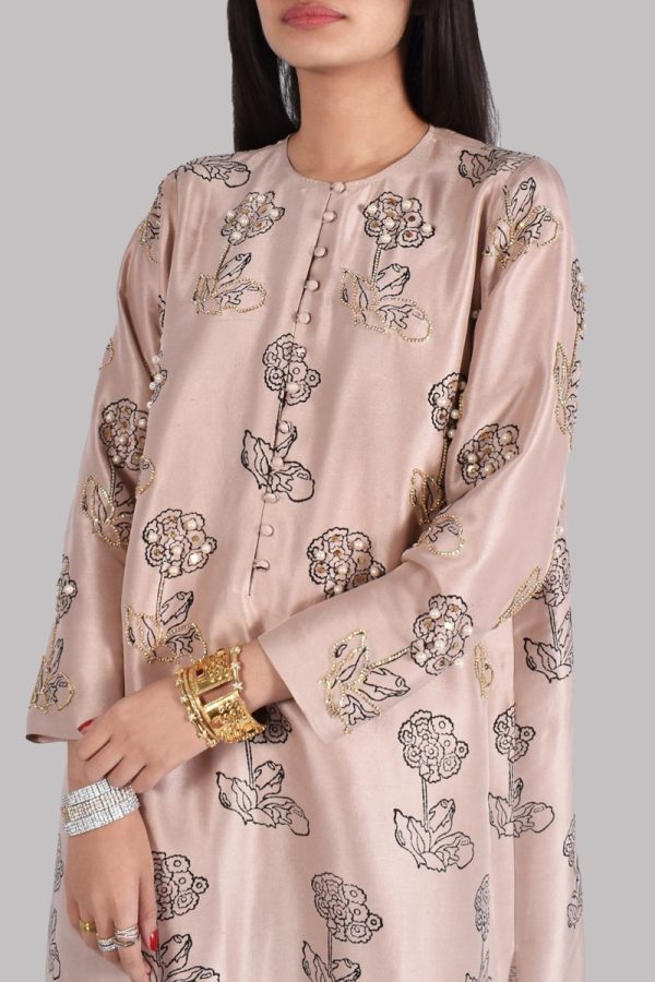 Cameo Rose Block Print Embellished Raw Silk Tunic Set