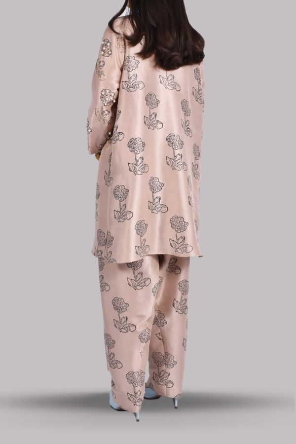 Cameo Rose Block Print Embellished Raw Silk Tunic Set - Image 2