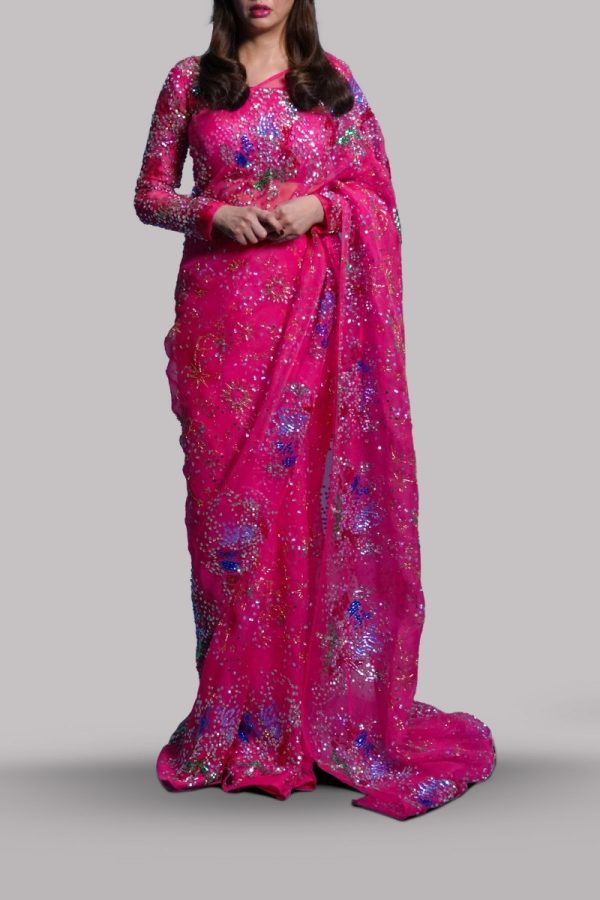 Camellia Pink Embellished Organza Sari